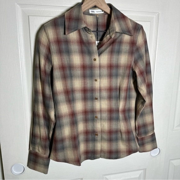 Zara Women’s Small Top Plaid Check Brown Collard Button Up Shirt Padded Western - Picture 7 of 15